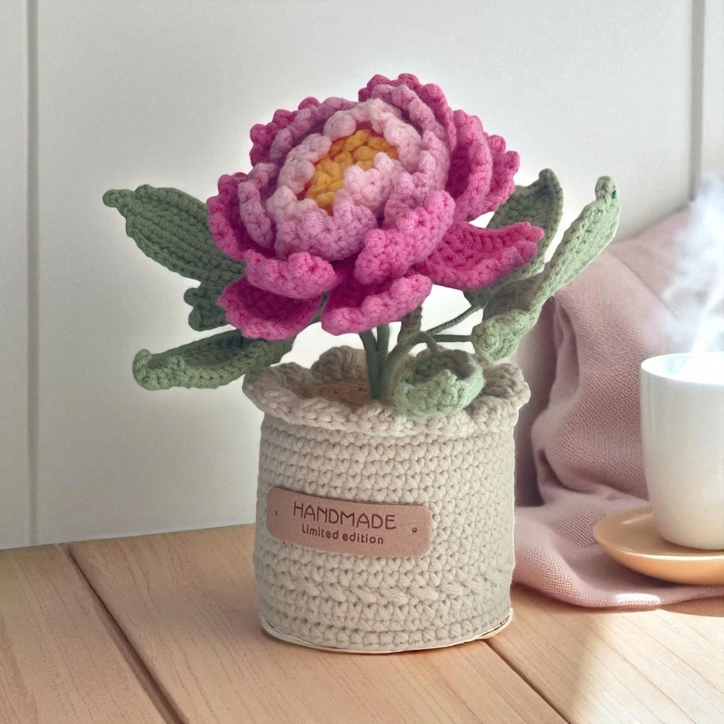 Crochet Pink Peony in Pot – Handmade Gift Decor