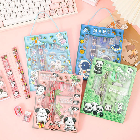Cute Cartoon Stationery Gift Set for Kids - Includes Pencil, Scale, Eraser, Sharpener and Notebook (6Pcs)