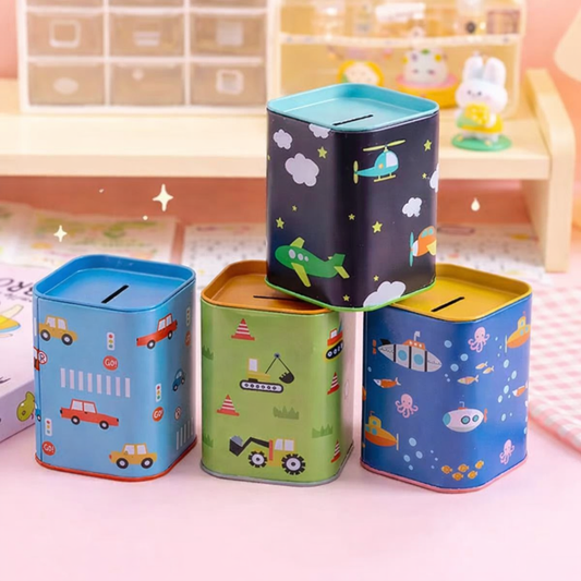 Cute Vehicle Coin Bank – Mini Square Metal Box for Kids