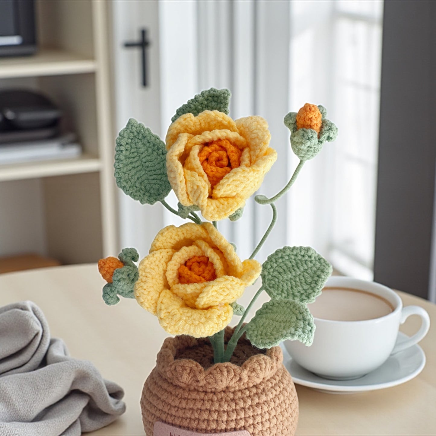 Crochet Yellow Rose in Pot – Handmade Gift Decor