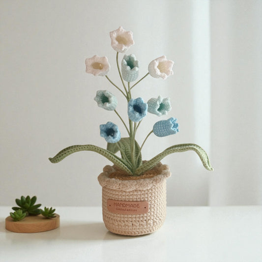 Crochet Blue & White Tulip in Pot – Handmade Gift Decor