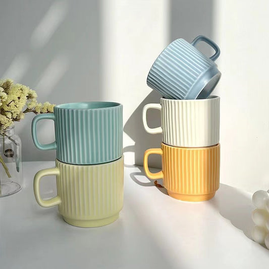 Modern Ribbed Ceramic Mug – 7oz Aesthetic Coffee Cup (5 Colors)