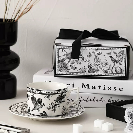 Vintage Black & White Tea Cup & Saucer – Elegant Botanical Ceramic Mug