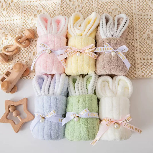 Cute Bunny Towel – Soft Coral Fleece Plush Hand Towel with Bow