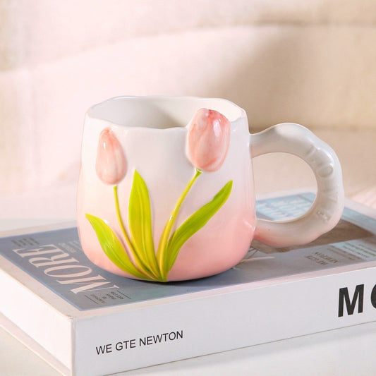 Tulip Ceramic Mug – Cute 3D Floral Coffee Cup with Handle