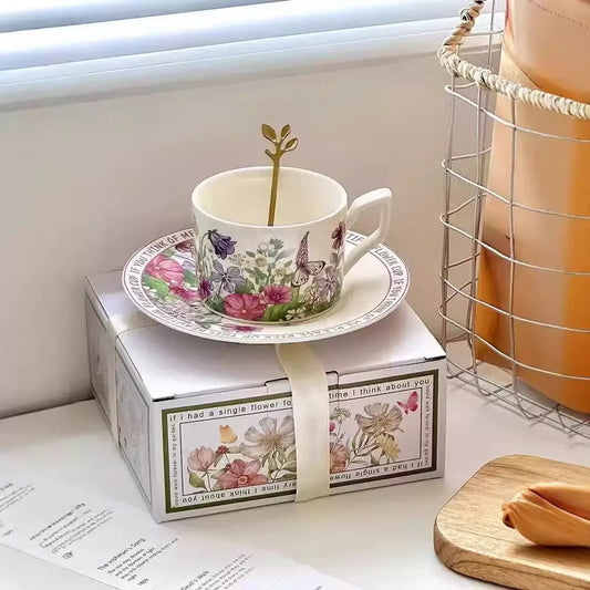 Floral Garden Tea Cup & Saucer Set – Vintage Botanical Ceramic Mug with Spoon