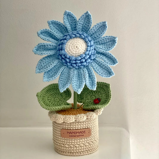 Crochet Blue Sunflower in Pot – Handmade Gift Decor