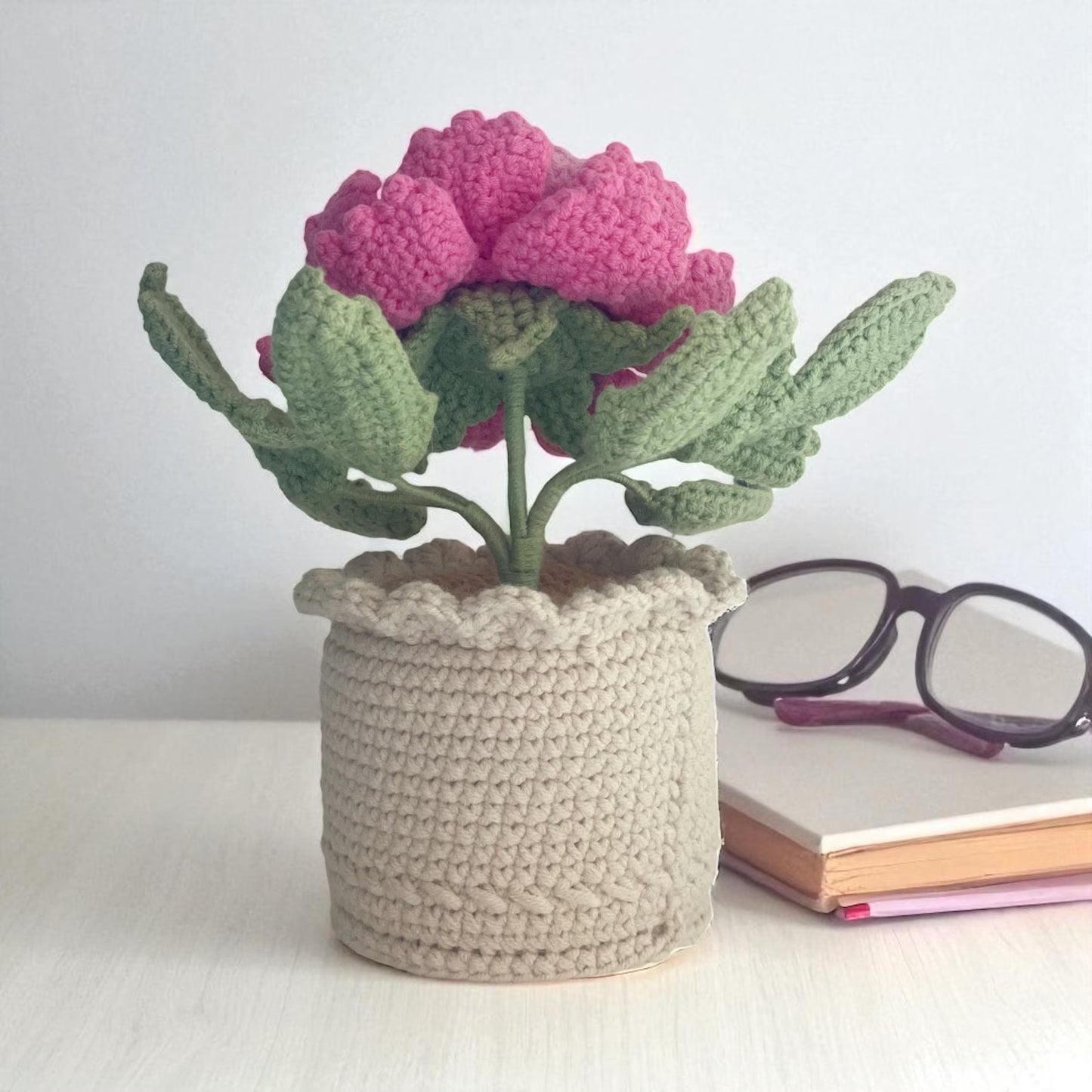 Crochet Pink Peony in Pot – Handmade Gift Decor