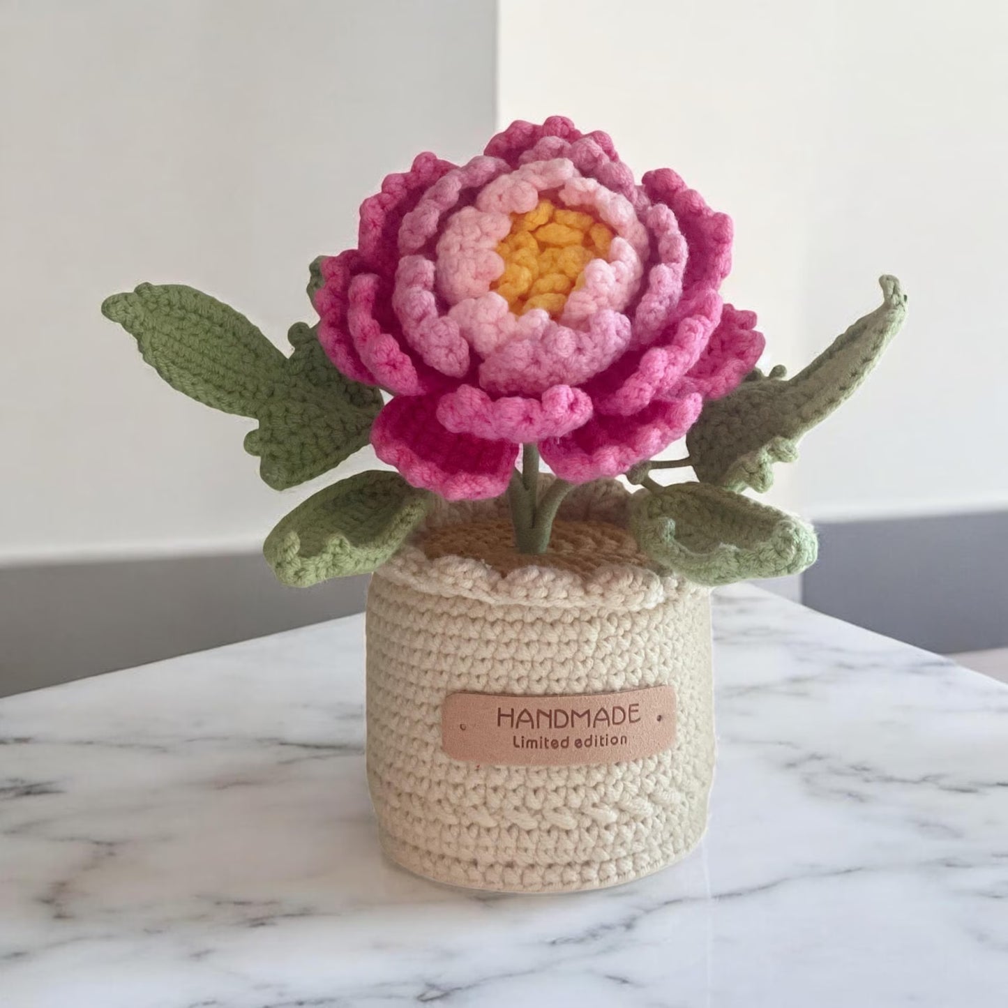 Crochet Pink Peony in Pot – Handmade Gift Decor