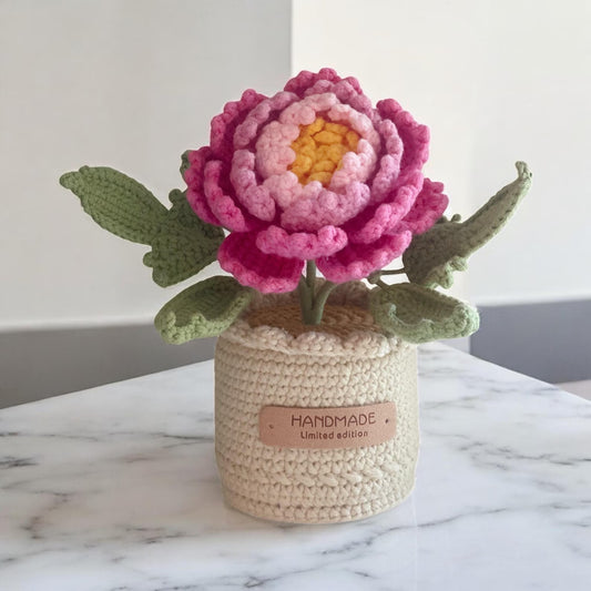 Crochet Pink Peony in Pot – Handmade Gift Decor
