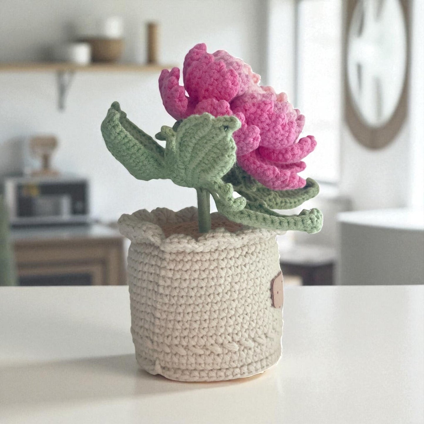 Crochet Pink Peony in Pot – Handmade Gift Decor