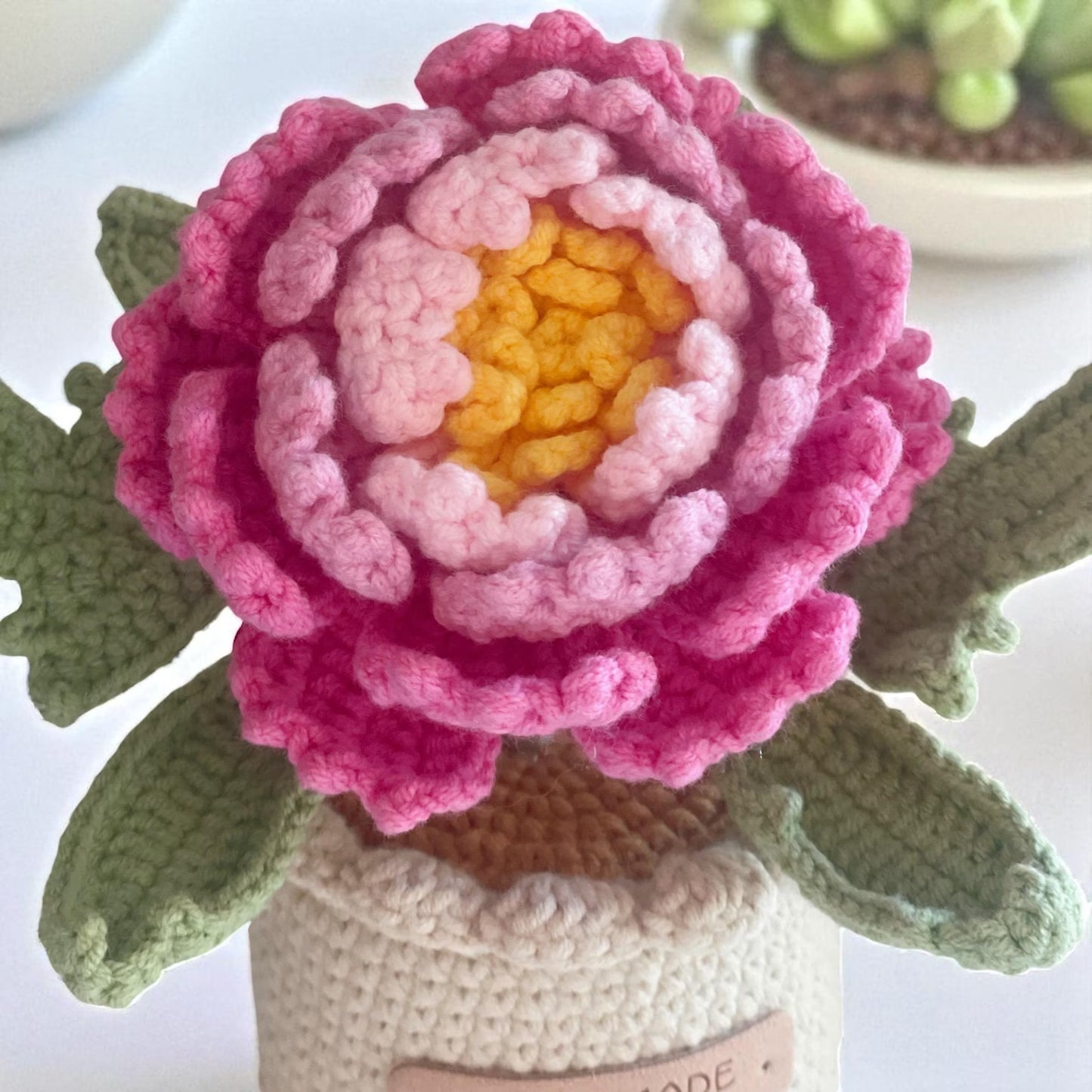 Crochet Pink Peony in Pot – Handmade Gift Decor