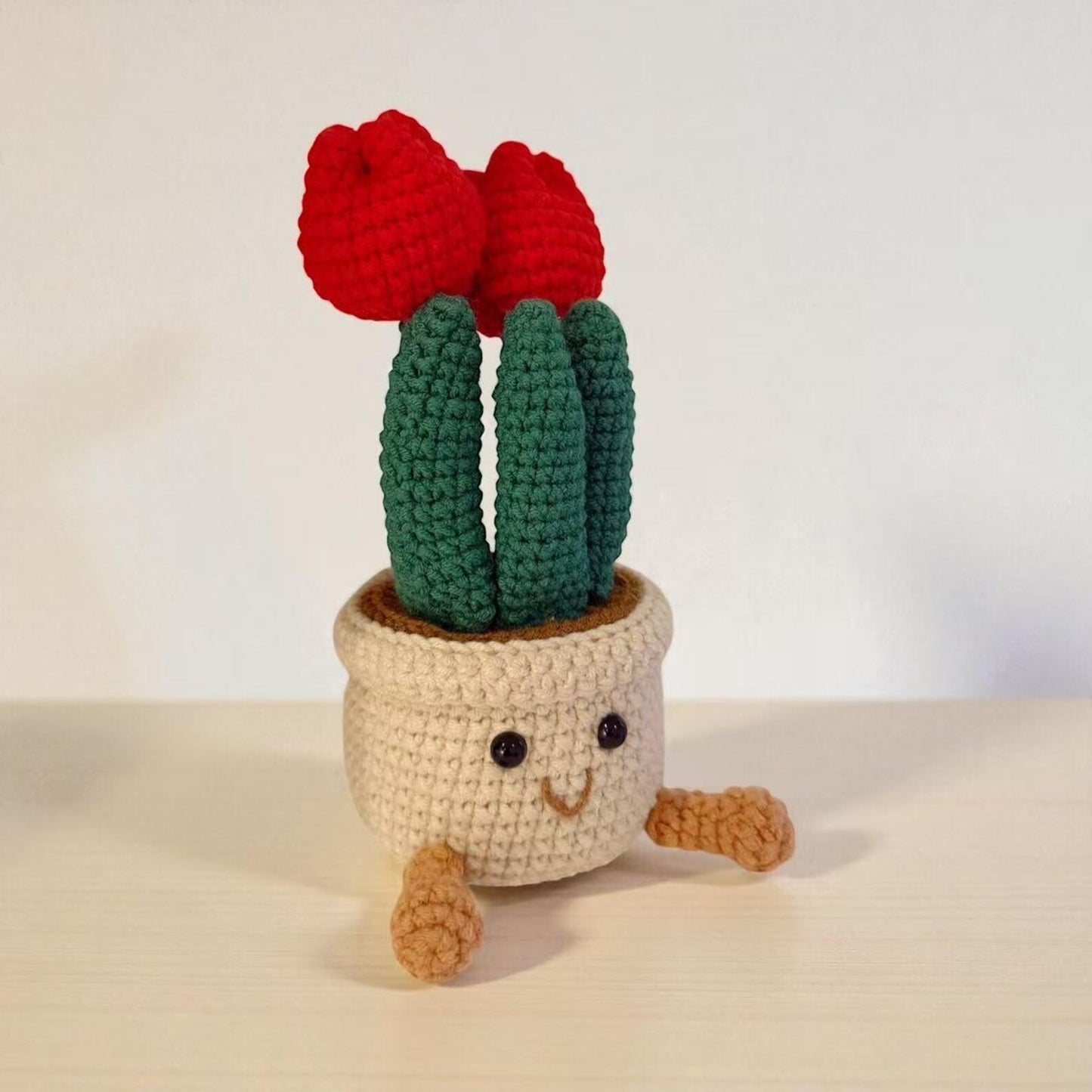 Crochet Red Tulip in Pot – Handmade Gift Decor, Unique Smiley Decor