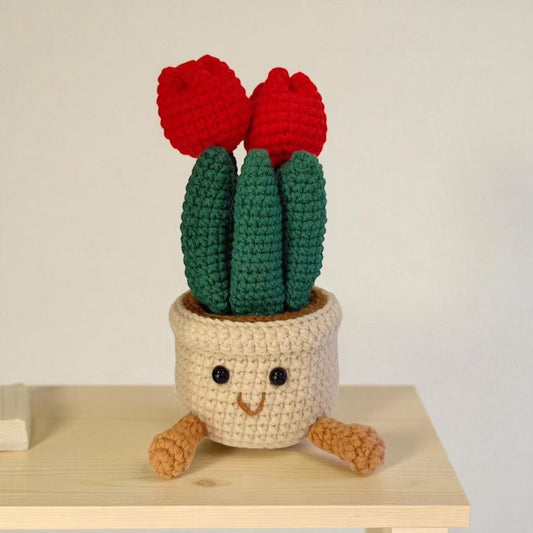 Crochet Red Tulip in Pot – Handmade Gift Decor, Unique Smiley Decor