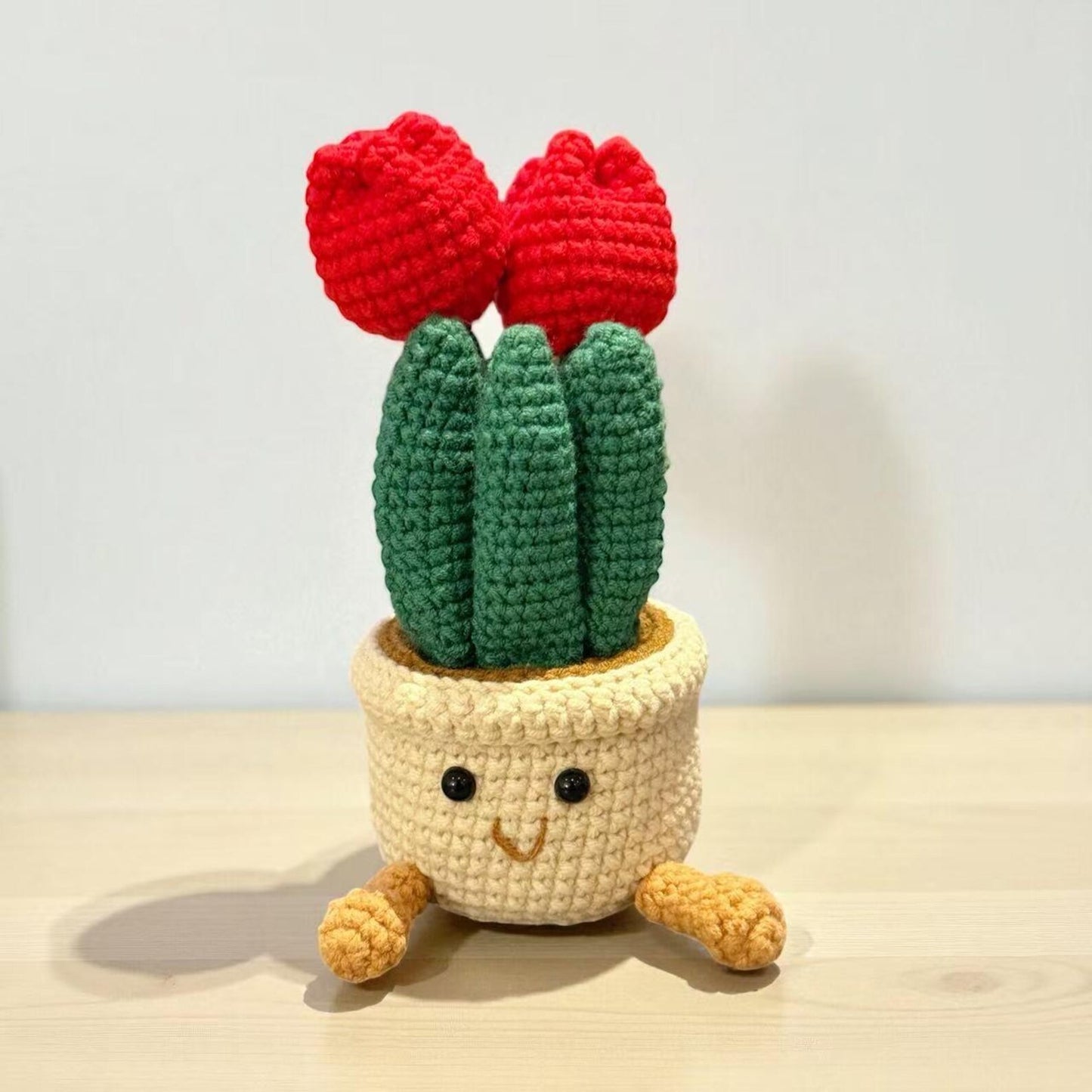 Crochet Red Tulip in Pot – Handmade Gift Decor, Unique Smiley Decor