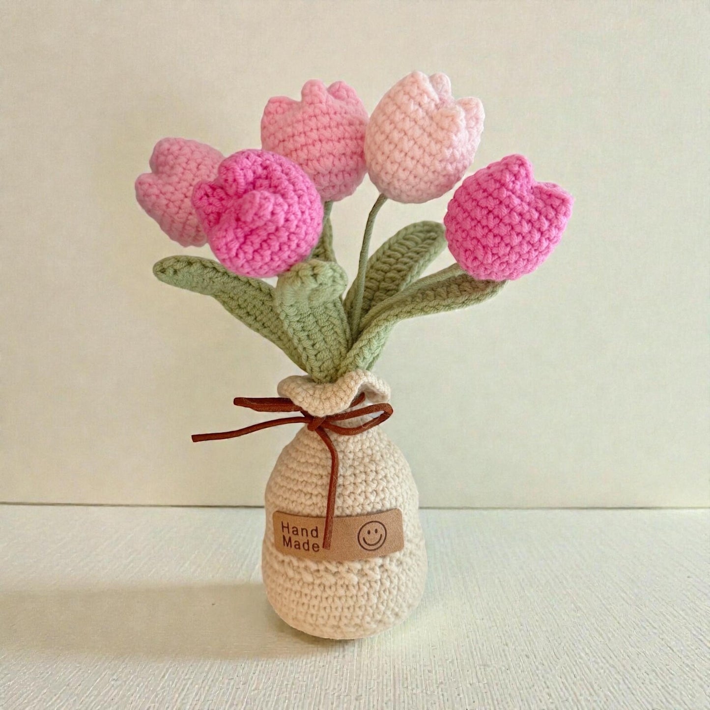 Crochet Pink Tulip Flower in Yarn Vase/Pot – Handmade Gift Decor