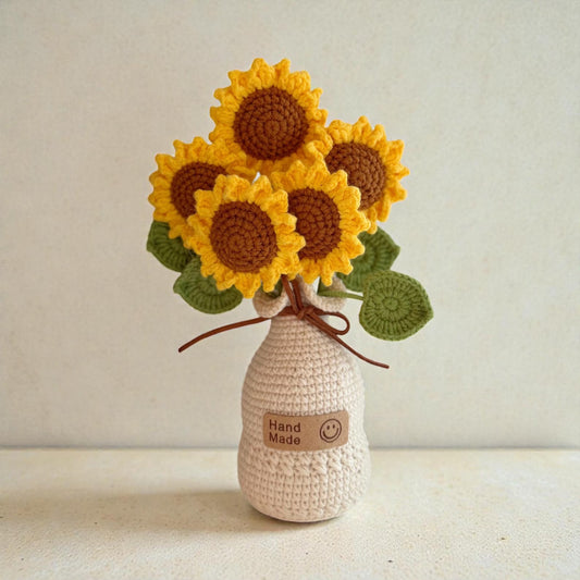 Crochet Orange Sunflowers Flower in Yarn Vase/Pot – Handmade Gift Decor