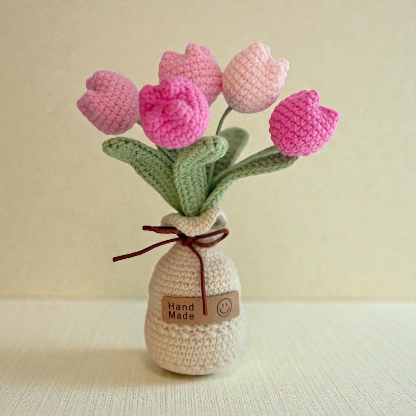 Crochet Pink Tulip Flower in Yarn Vase/Pot – Handmade Gift Decor