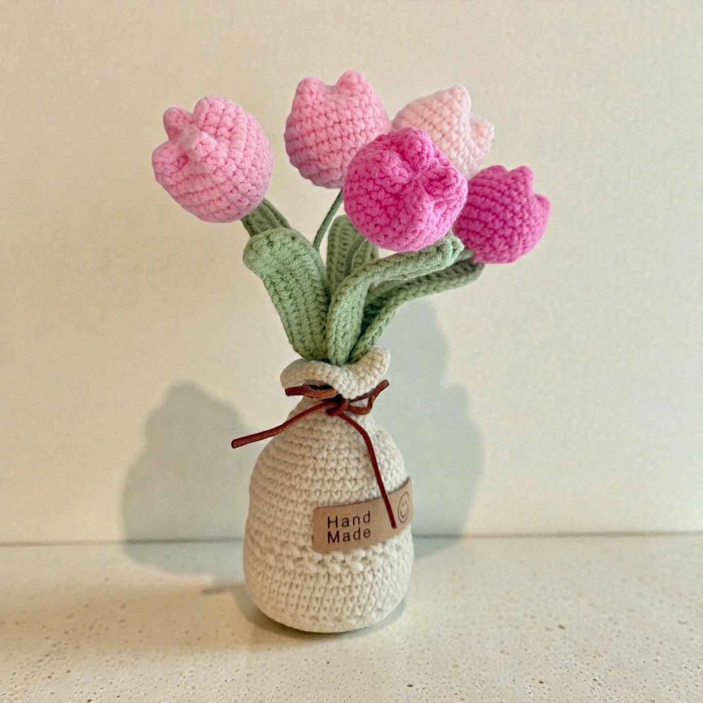 Crochet Pink Tulip Flower in Yarn Vase/Pot – Handmade Gift Decor