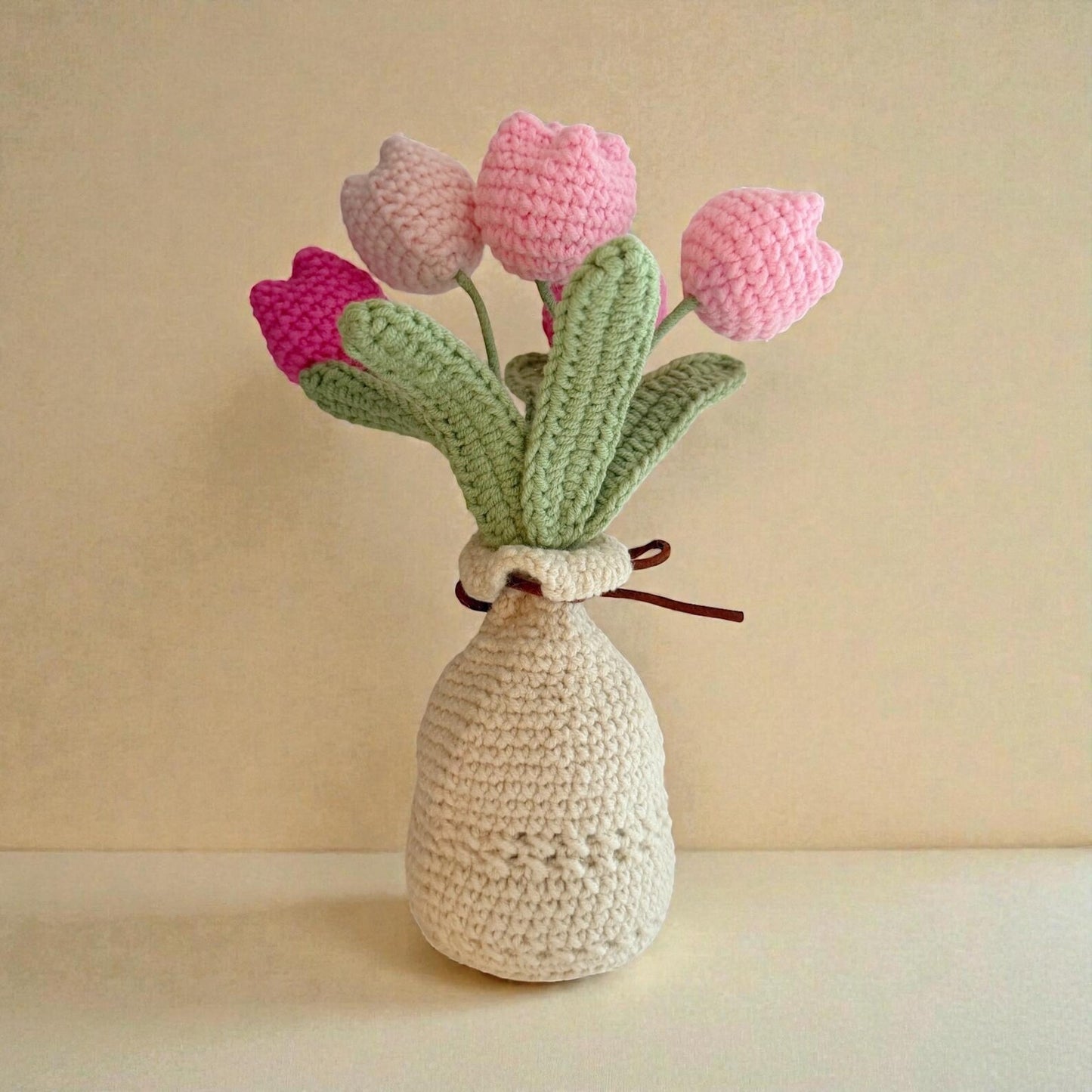 Crochet Pink Tulip Flower in Yarn Vase/Pot – Handmade Gift Decor