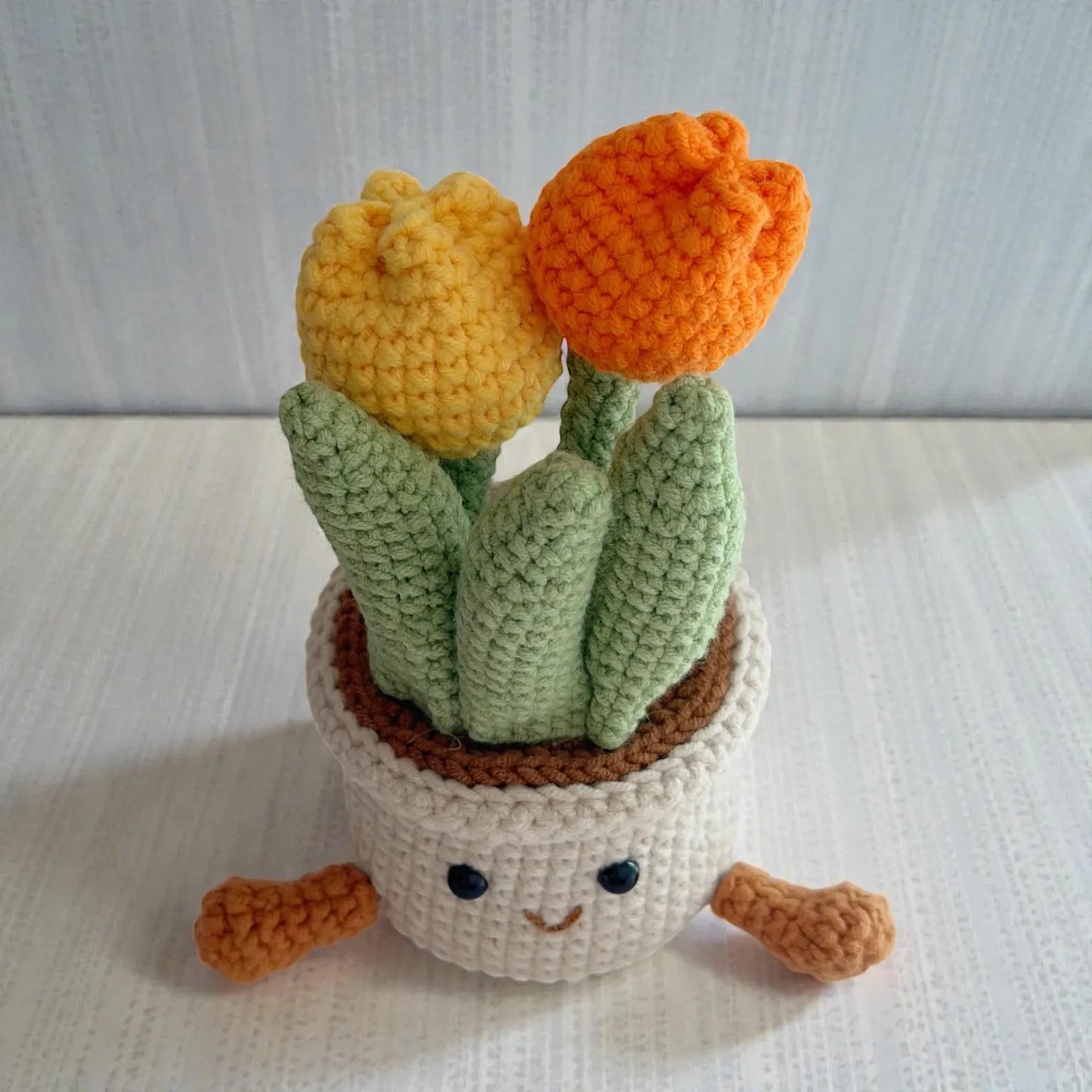 Crochet Orange Tulip in Pot – Handmade Gift Decor, Unique Smiley Decor