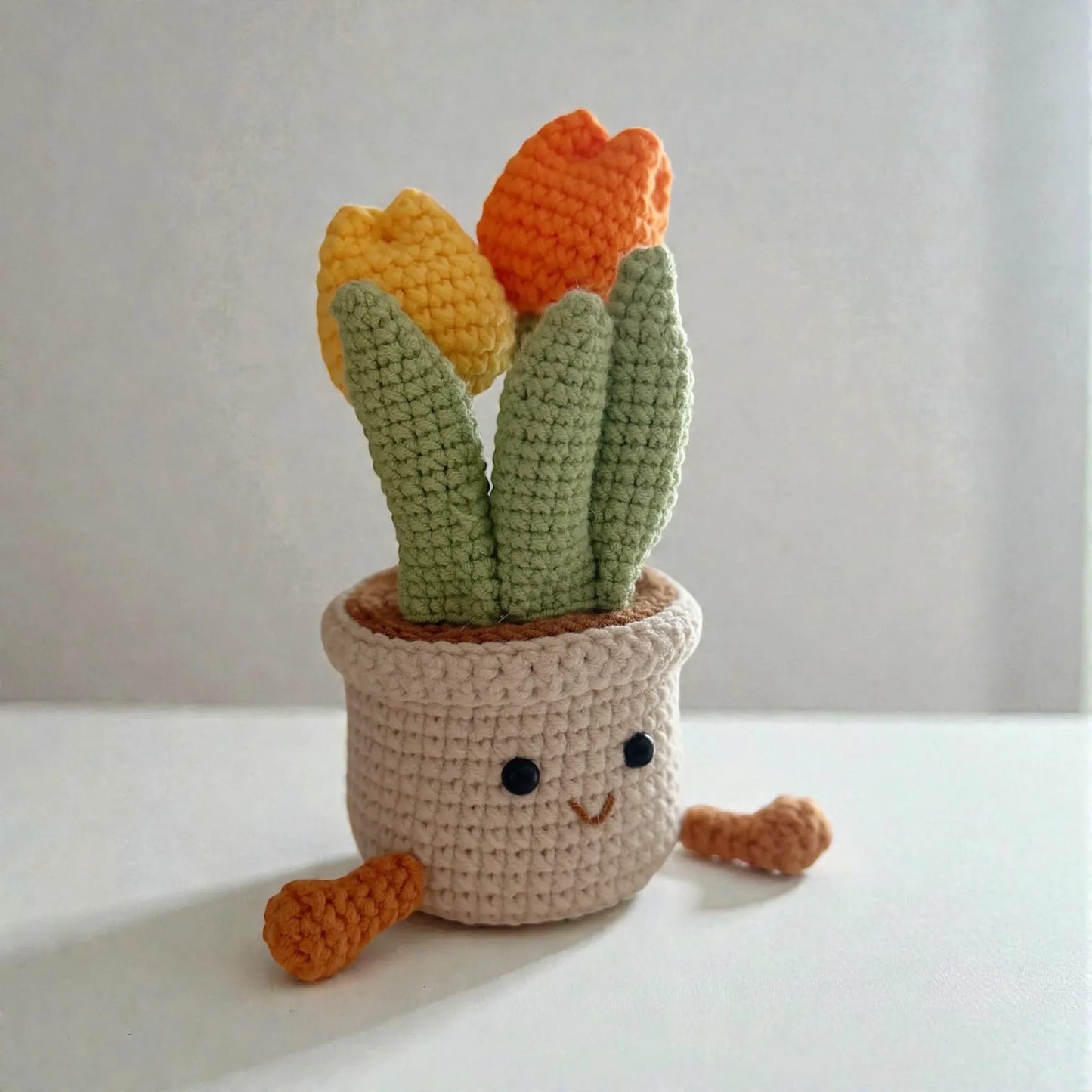Crochet Orange Tulip in Pot – Handmade Gift Decor, Unique Smiley Decor