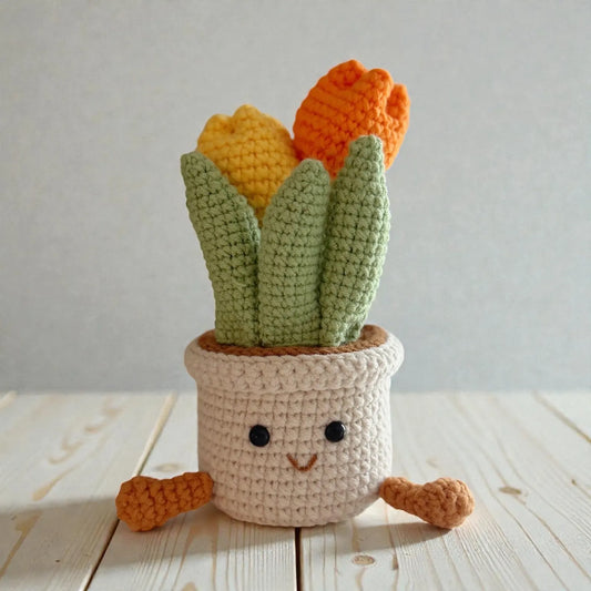 Crochet Orange Tulip in Pot – Handmade Gift Decor, Unique Smiley Decor
