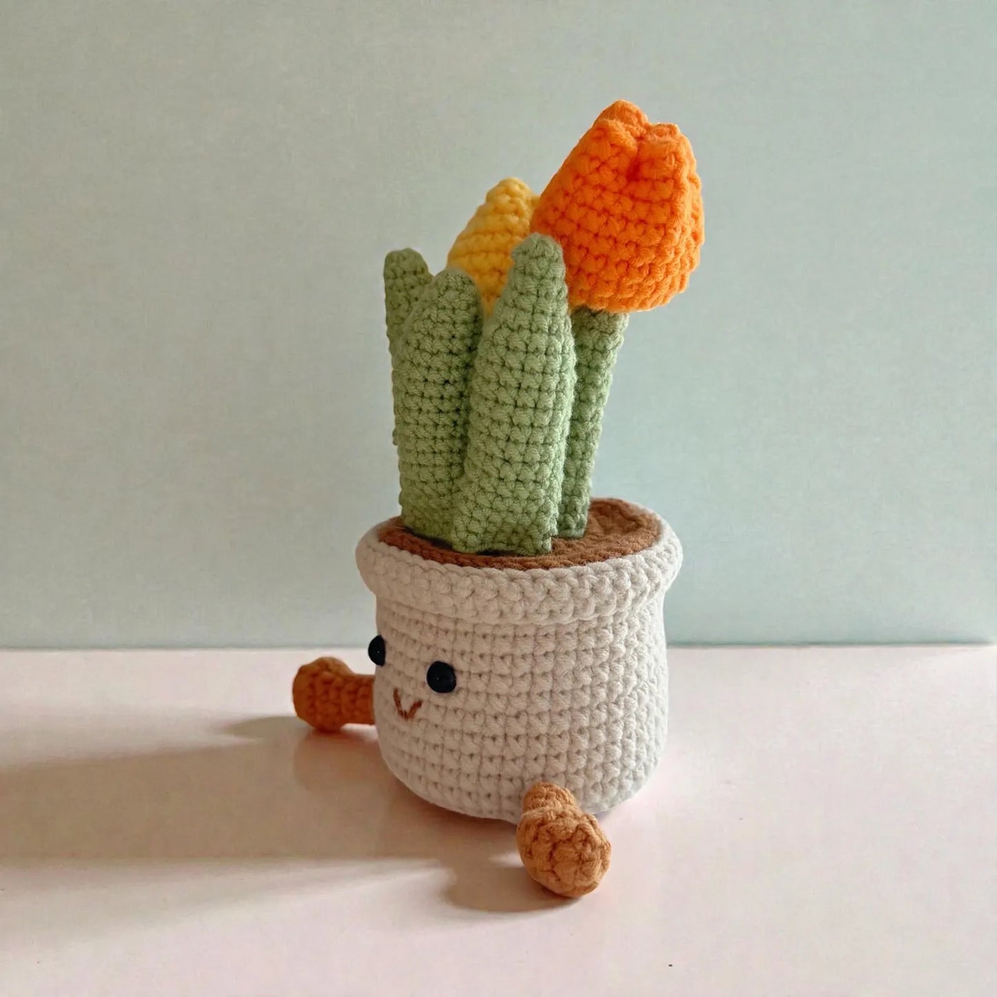Crochet Orange Tulip in Pot – Handmade Gift Decor, Unique Smiley Decor