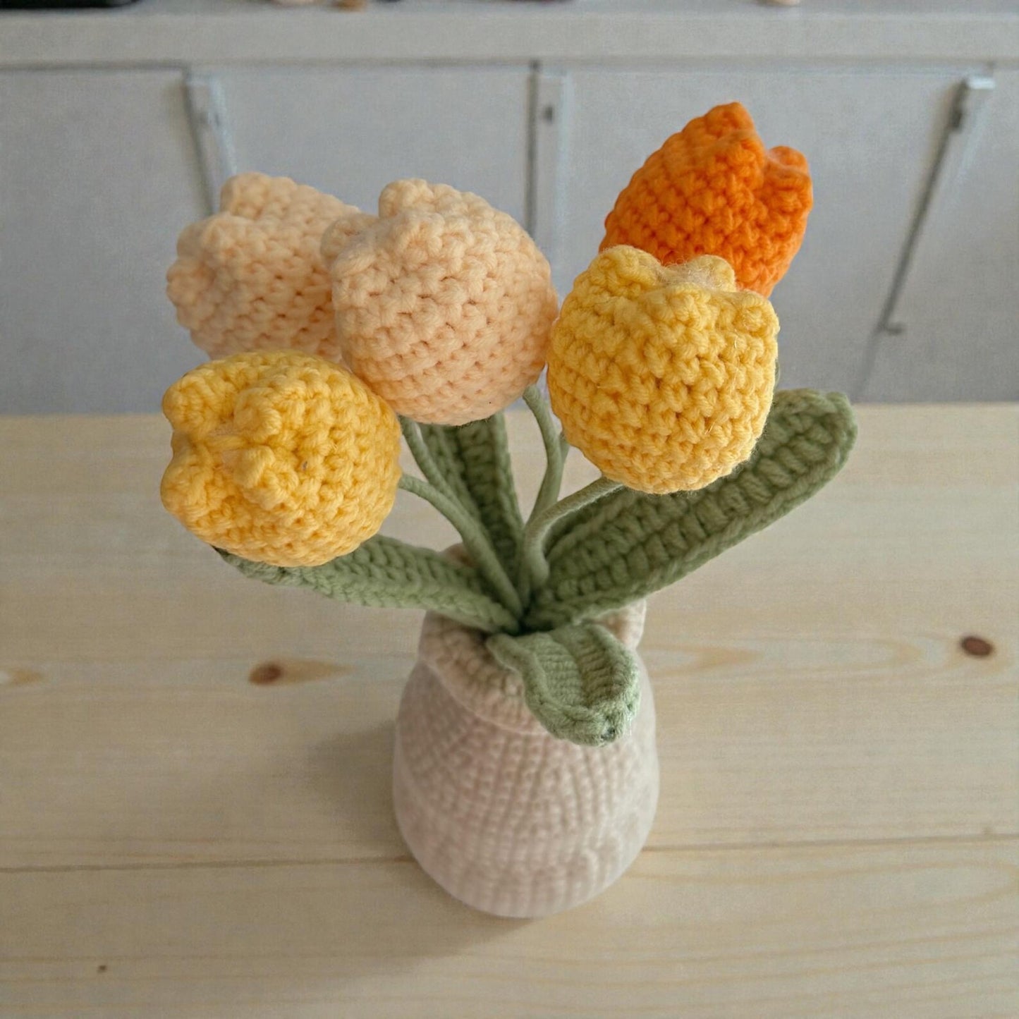 Crochet Orange Tulip Flower in Yarn Vase/Pot – Handmade Gift Decor