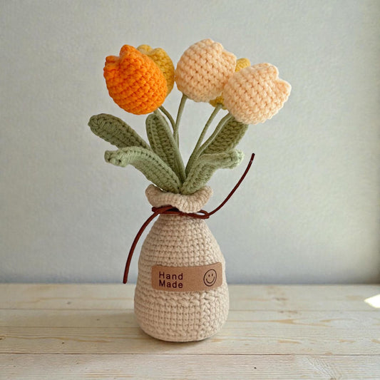 Crochet Orange Tulip Flower in Yarn Vase/Pot – Handmade Gift Decor