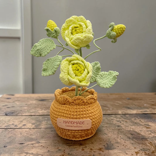 Crochet Light Green Rose in Pot – Handmade Gift Decor