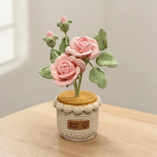 Crochet Pink Rose in Pot – Handmade Gift Decor