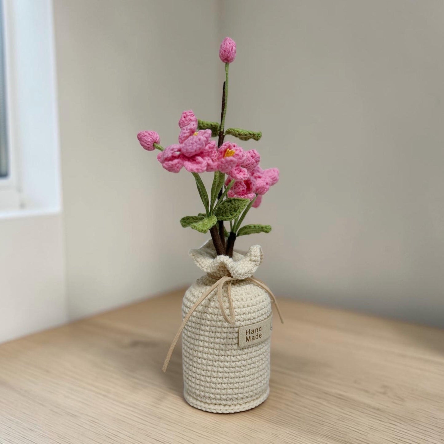 Crochet Dark Pink Begonia in Pot – Handmade Gift Decor
