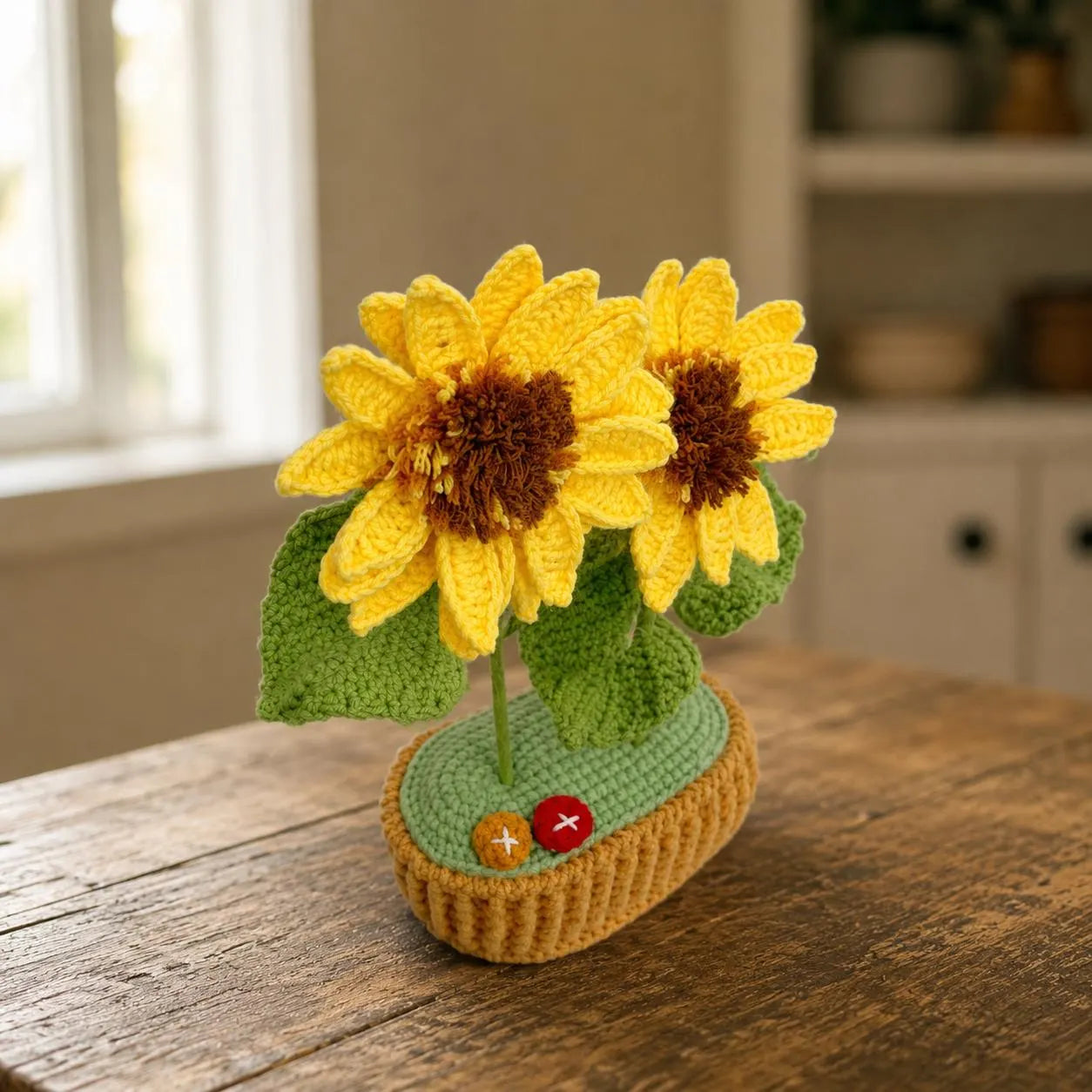 Crochet Double-Headed Sunflower in Pot – Handmade Gift Decor
