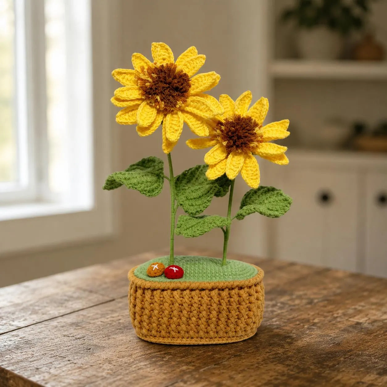 Crochet Double-Headed Sunflower in Pot – Handmade Gift Decor