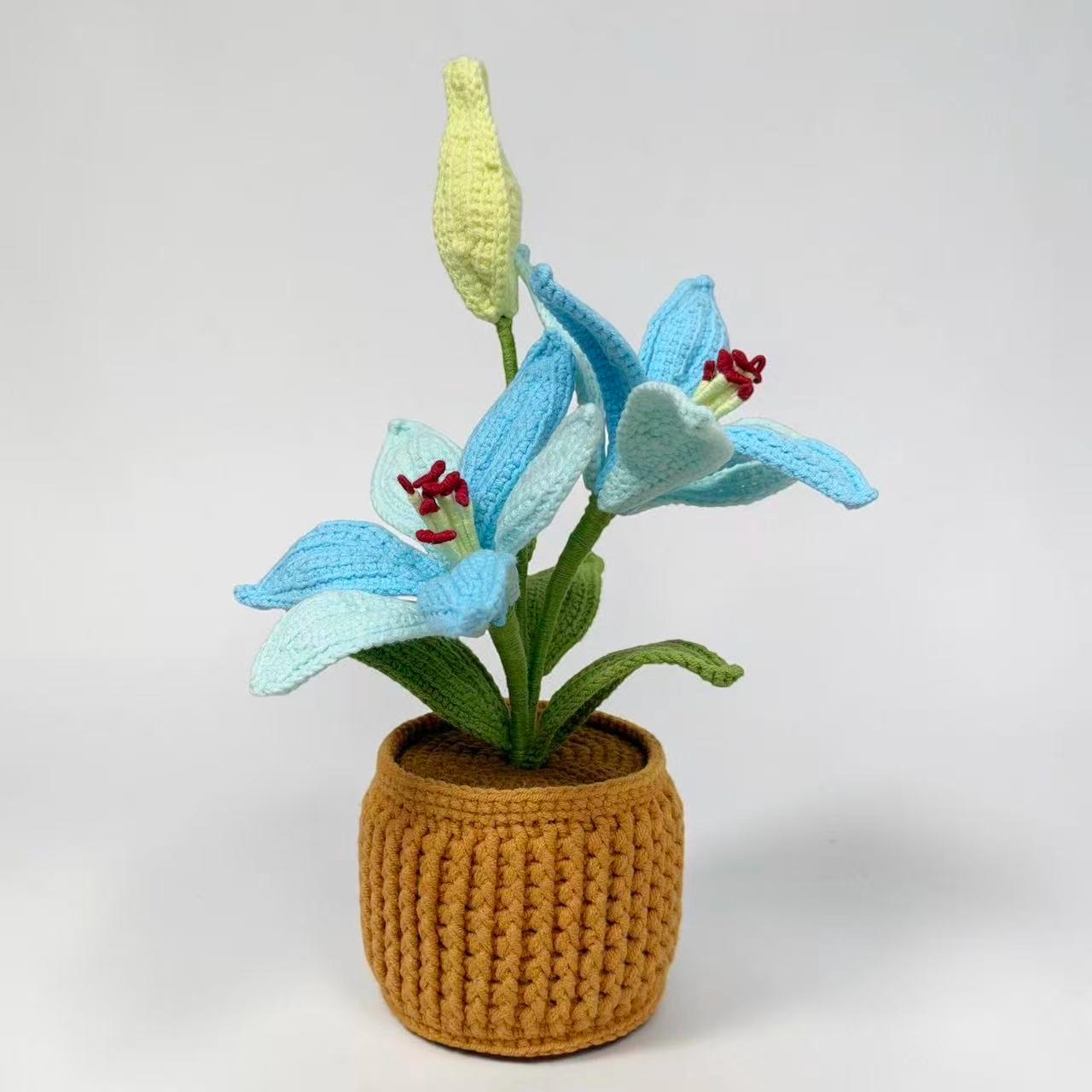 Crochet Blue Lily in Pot – Handmade Gift Decor