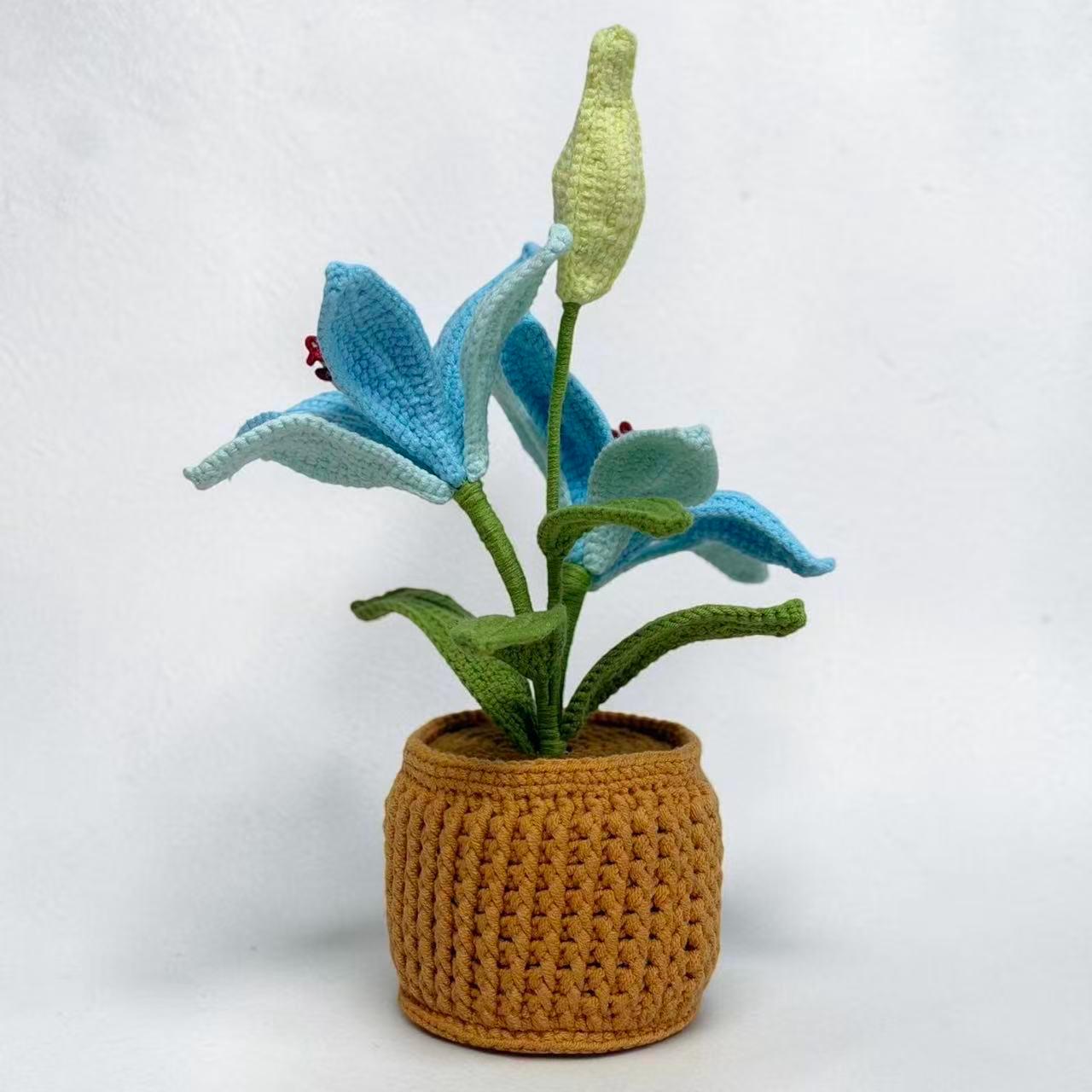Crochet Blue Lily in Pot – Handmade Gift Decor